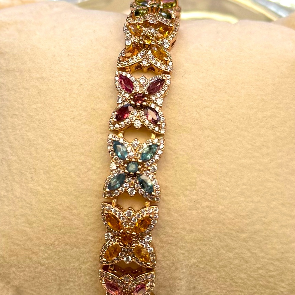 BTR3 6.36CT Rainbow Tourmaline ART NOUVEAU Butterfly Bracelet 18K Rose Gold S925